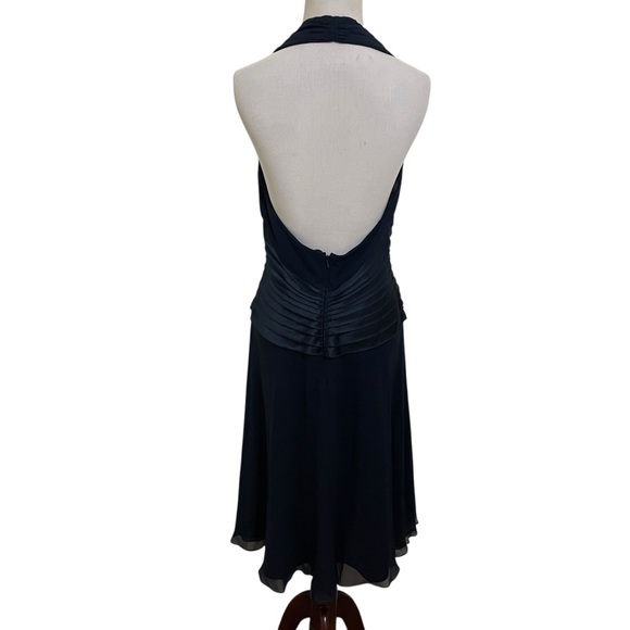 Tadashi Shoji Navy Blue Silk Midi Dress 12P Vintage Satin Halter Evening Wear - Picture 3 of 8
